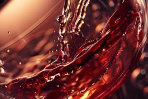 A vibrant red wine is captured mid-swish in a glass, showcasing its deep color and the dynamic movement of liquid as light reflects off the surface, creating an elegant atmosphere photo