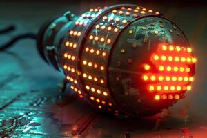 A vibrant, futuristic device featuring numerous glowing lights and complex circuitry rests on a metallic surface, illuminated in an ambient environment photo