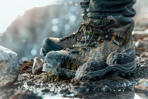 Sturdy hiking boots rest on a rocky surface close to a flowing river, surrounded by nature, highlighting a moment of outdoor adventure in the mountains photo