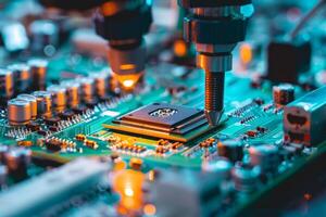 Technicians are meticulously placing a microprocessor onto a circuit board using advanced machinery, illuminated by blue and orange lights in a laboratory setting photo