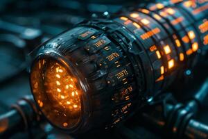 A detailed close-up reveals a futuristic device with vibrant orange lights illuminating complex circuitry. This technology evokes a sense of advanced engineering in a dim environment photo
