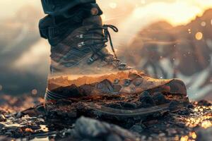 A hiker's boot is planted firmly on rocky terrain, reflecting a serene landscape of mountains and vibrant sunset colors in the surrounding area photo