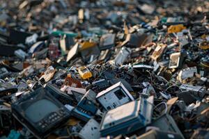 A vast area filled with discarded electronic devices such as old televisions, computers, and circuit boards reflects the growing e-waste problem in modern society photo