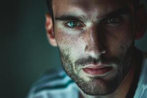 A young man gazes intensely at the camera, featuring captivating green eyes and a defined jawline. The low light highlights his unique features and expression photo
