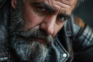 A man with a thick beard and gray hair stares intensely, showcasing his rugged features and wearing a leather jacket, evoking a sense of depth and character photo