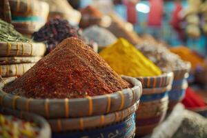 Various baskets filled with colorful spices are displayed in a lively market atmosphere, highlighting the rich diversity and textures of culinary ingredients photo