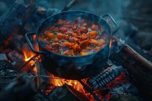 A pot of stew is cooking on a campfire photo