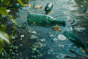 Several green plastic bottles float in a polluted stream, surrounded by bubbles and overgrown vegetation under bright sunlight, highlighting environmental issues photo