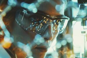 A scientist wearing protective goggles intently studies scientific samples in a high-tech laboratory, surrounded by advanced equipment and instruments photo
