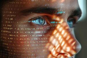 A person's striking blue eye is highlighted with patterns and code reflected across their face, representing the intertwining of humanity and technology in a modern digital world photo