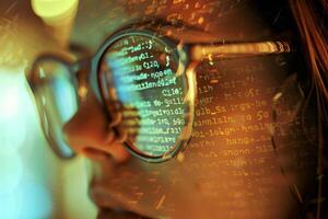 The reflection in the glasses showcases lines of binary code, indicating a connection to programming or data analysis in a colorful, illuminated setting photo