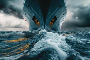 A large ship navigates through choppy seas, creating splashes as it moves forward. Ominous dark clouds loom overhead, with sunlight illuminating the ship's bow photo