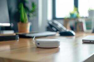 The workspace is organized and contemporary, showcasing a wireless charger on a wooden surface with a potted plant and office tools in a bright room photo
