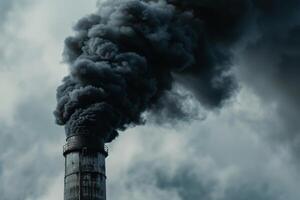 Thick black smoke rises from a towering industrial chimney, casting a stark contrast against the overcast sky in the late afternoon. The scene emphasizes pollution and environmental concerns photo