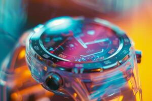 A stylish smartwatch with a transparent strap displays a bright, colorful screen featuring various indicators and a modern, sleek design photo