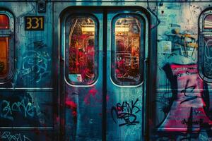 The doors of a subway train, covered in colorful graffiti, are illuminated at night. The urban atmosphere features a blend of art and public transportation, showcasing creativity photo