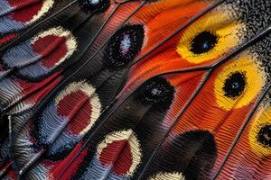 A detailed view of butterfly wings reveals stunning patterns and rich colors, displaying a fascinating blend of black, red, and yellow hues found in nature photo
