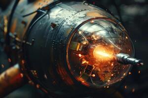A close-up view reveals the detailed craftsmanship of a futuristic weapon, emitting a brilliant glow. The metallic surface reflects the surrounding light, enhancing its intimidating presence photo