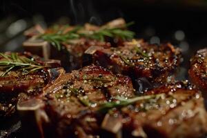 Juicy lamb chops are sizzling on a barbecue grill, infused with rosemary and seasoning, creating an inviting aroma during a summer evening gathering photo