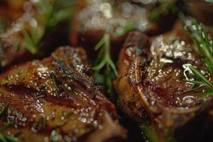 Juicy lamb chops are grilled to perfection, glistening with seasoning, surrounded by fragrant herbs on a rustic table under warm evening light photo