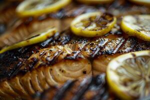 A perfectly grilled salmon fillet is garnished with fresh lemon slices, showcasing its mouthwatering texture and flavor, ideal for a summer meal outdoors photo