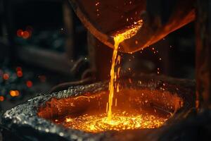 A worker carefully pours molten metal into a mold, creating bright sparks and glowing liquid in a foundry. The heat and energy of the process illuminate the surroundings photo
