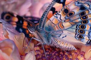 A colorful butterfly with intricate patterns sits delicately on vibrant flowers, showcasing nature's beauty in a botanical garden under the clear sky photo