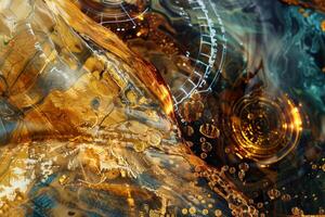 Swirling golden patterns blend with deep blue and green elements, creating a mesmerizing abstract artwork that captures movement and harmony photo