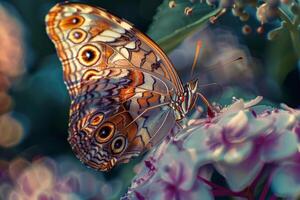 A beautifully patterned butterfly rests on blooming flowers, showcasing its vivid colors while surrounded by a serene garden atmosphere under soft sunlight photo