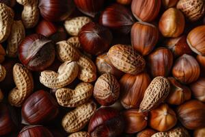 Various nuts are displayed together, featuring chestnuts and peanuts in different shapes and colors, highlighting their natural textures on a wooden background photo