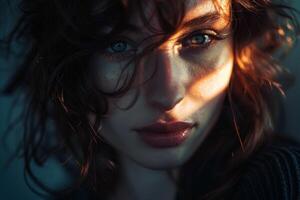 This striking portrait captures a young woman with captivating green eyes and soft curls. Warm sunlight casts shadows across her face, creating a dramatic effect photo