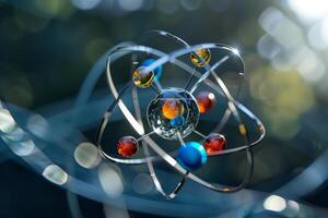 This artistic representation showcases an atom model with vibrant electrons revolving around a shiny nucleus, capturing the essence of atomic structure in a striking way photo