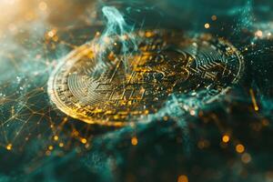 The glowing Bitcoin coin rests on a digital surface featuring intricate network designs, illuminated by soft light effects that enhance its cryptocurrency theme photo