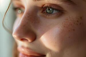 A young woman with striking green eyes and freckles gazes thoughtfully while smiles gently. Soft natural light accentuates her features, creating a warm atmosphere photo