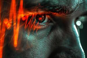 A person gazes intently as a glowing pulse rate graph overlays their eye, symbolizing health monitoring in a dimly lit environment at night photo