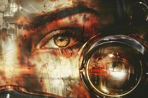 An intense gaze emerges from a close-up view of an eye illuminated by a vintage light. The background is a captivating blend of textures and colors, enhancing the dramatic effect photo