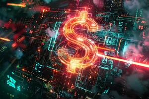 A vibrant digital landscape showcases a glowing dollar sign, symbolizing modern finance. The intricate background features circuit patterns, reflecting the evolution of currency in technology photo