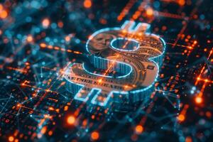 A glowing dollar sign is presented against a backdrop of interconnected data points and lines, illustrating the concept of digital currency and financial networks photo