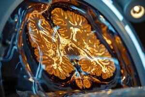 A sophisticated brain scan reveals intricate neural pathways, showcasing areas of activity and structure within the cerebral cortex, conducted in a medical environment photo
