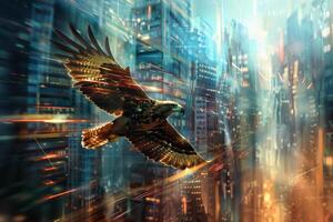 A hawk gracefully flies above a vibrant city during twilight, its wings spread wide, contrasting with the illuminated skyscrapers and the dynamic atmosphere below photo