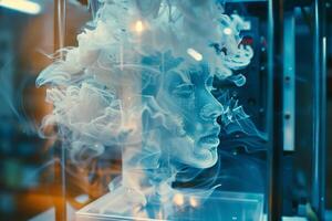 A captivating silhouette of a face emerges from swirling vapor, showcased in a contemporary exhibition setting with soft lighting enhancing the ethereal effect photo