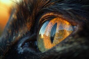 A striking close-up view of a cat's eye capturing the vibrant colors of the sunset, showcasing a blend of warm oranges and golds against a dark background photo