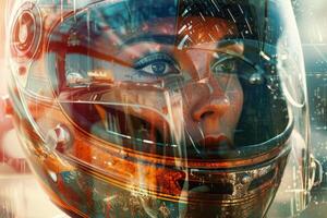 The close-up on a space helmet highlights the reflections of a vibrant cityscape, merging the themes of exploration and the human spirit in a science fiction context photo