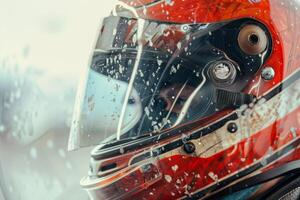 A race car driver helmet glistens with rain droplets while parked on a racetrack, showcasing intricate design and visibility challenges during practice photo