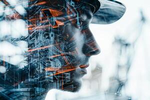A man in a hard hat gazes thoughtfully with digital graphics overlaying his profile, illustrating the intersection of human insight and advanced technology in the engineering sector photo