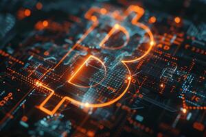 A glowing Bitcoin symbol stands out against a dark, intricate digital background filled with interconnected circuits, representing the world of cryptocurrency and technology photo