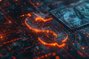 A glowing dollar sign made of circuits is positioned next to a one hundred dollar bill, creating a modern representation of digital finance and technology photo