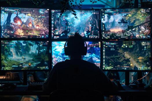 un dedicado jugador se sienta en un tenuemente iluminado habitación, enfocado en múltiple pantallas mostrando vistoso y inmersivo juego ambientes, exhibiendo intenso Como se Juega foto