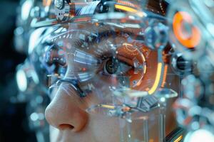 A person is focused, wearing a high-tech headset featuring glowing circuitry and intricate details, highlighting the intersection of technology and human interaction photo