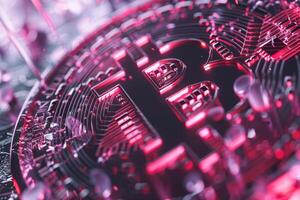 A detailed close-up of a Bitcoin is showcased against a vibrant, illuminated network background featuring shades of pink, highlighting the digital currency's intricate design photo